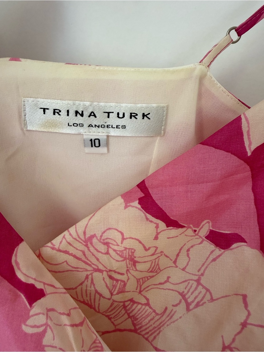 Trina Turk Silk Floral Dress Pink Cream Size 10 Made USA - Picture 5 of 7